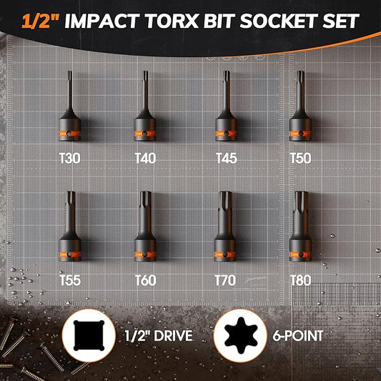 8-Piece 1/2??Drive Impact Torx Bit Socket Set, T30 T40 T45 T50 T55 T60 T70 T80, Cr-Mo Steel with Locking Pin Hole & Storage Case, Professional Grade for Automotive & Machinery Repair