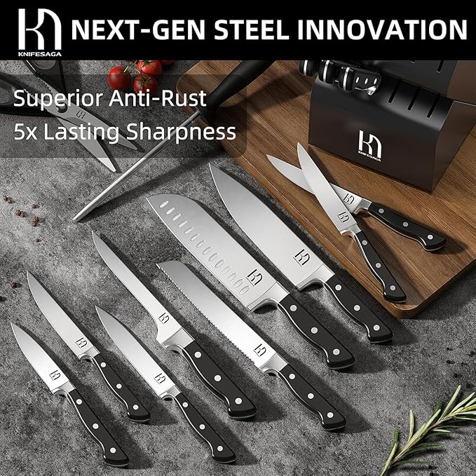 KnifeSaga Knife Set, 15 Pcs Kitchen Knife Block Set, Enduring Razor-Sharp Japanese High Carbon Stainless Steel Chef Knife Set with Block and Sharpener, Premium Black Knives Set for Kitchen