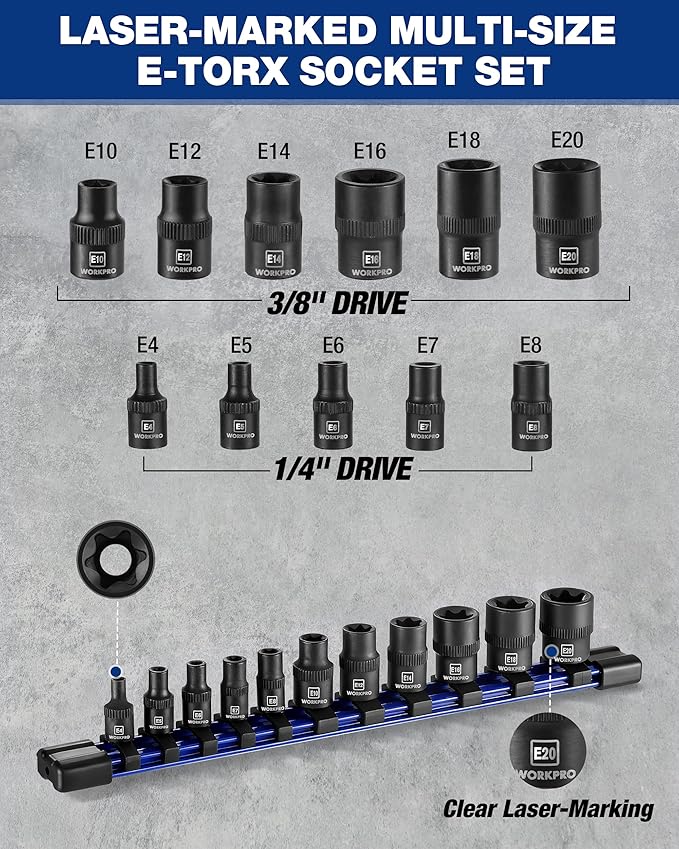 WORKPRO 11PCS E-Torx Socket Set, 1/4" 3/8" Drive Star Socket Set, CR-V Steel External Torx Socket Set (E4-E20 Socket) with PVC Socket Organizer, Ideal for Motorcycle, Automotive, and Mechanical Repair