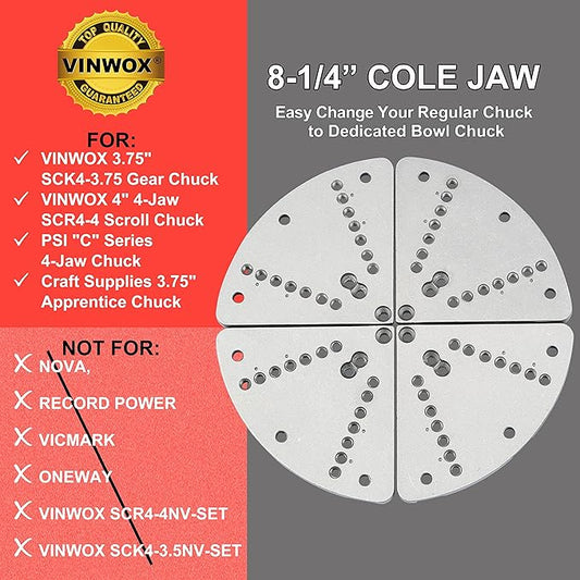 8-1/4” Cole Jaw Set for VINWOX SCK4-3.75 Wood Lathe Key Chuck & SCR4-4 Scroll Chuck, Flat Jaw Set with Buffer Kit (WON'T FIT to NOVA,RECORD POWER,VICMARK,ONEWAY,VINWOX SCR4-4NV,SCK4-3.5NV CHUCK)