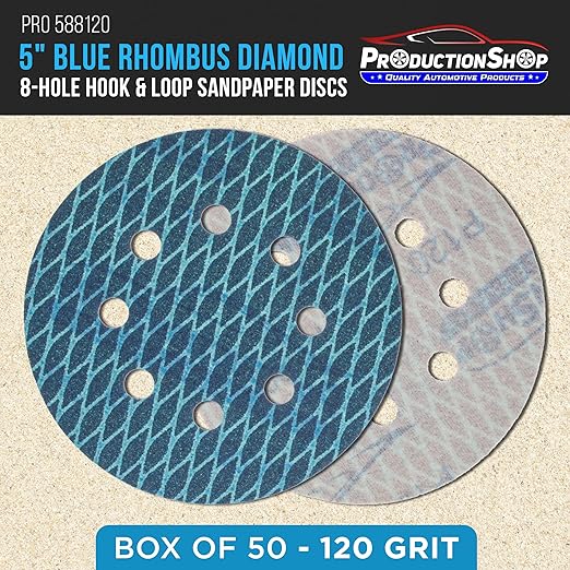 Premium 120 Grit 5" Rhombus Diamond Shape Blue Sanding Discs, 8-Hole, Box of 50 - Hook & Loop Anti-Clogging J-Cloth Dustless Sandpaper for Random Orbital Sanders, Sand Auto Paint, Wood