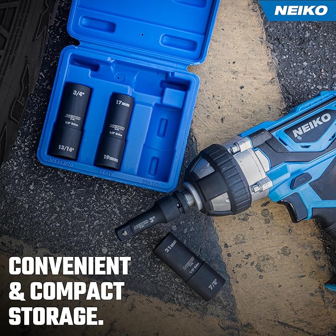 NEIKO 02281B 1/2" Drive Impact Flip Socket Set, Thin Wall Socket, 4 Piece Lug Nut Impact Socket Set, SAE and MM, 3??Extension Bar, Cr-Mo Steel, Impact Lug Nut Socket Set