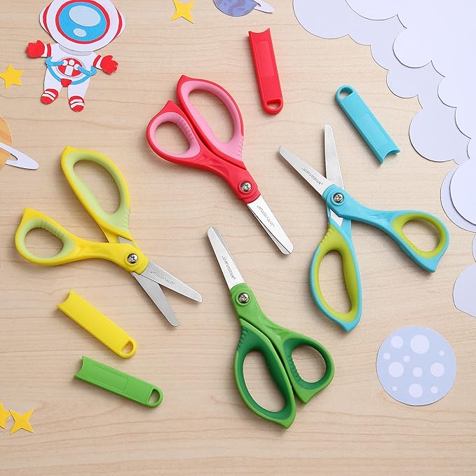 JARVISTAR 4 Pack Blunt Kids Scissors: 5.5??Small Safety Stainless Steel Blades with Cover for School Children Students Teachers Classroom Crafting