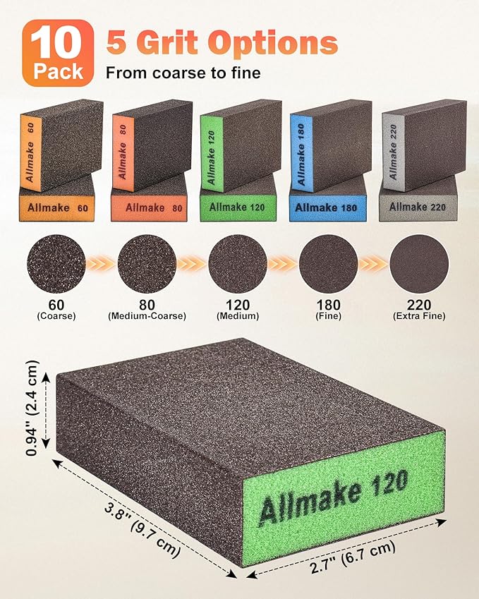10 Pack Sanding Sponge, Washable and Reusable Sanding Block, 60 80 120 180 220 Grit Wet Dry Sandpaper Block for Wood, Drywall Sanding Block for Wood Furniture Crafts Metal Polishing Sand Paper Block