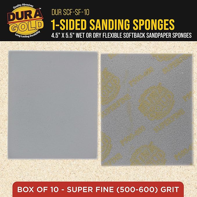 Dura-Gold Superfine Cut Sanding Sponges, Box of 10-5.5" x 4.5" (500 to 600 Grit) Performance Conform & Flex Wet or Dry Flexible Softback Sandpaper Sponges, Hand Block - Wood Drywall Metal Auto Paint