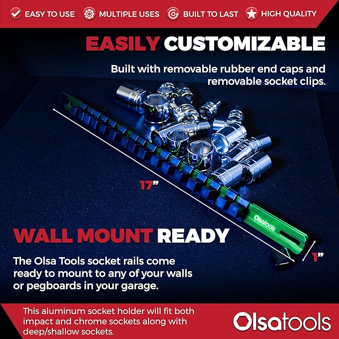 Olsa Tools 1/2-Inch Drive Aluminum Socket Organizer | Premium Quality Socket Holder (GREEN)