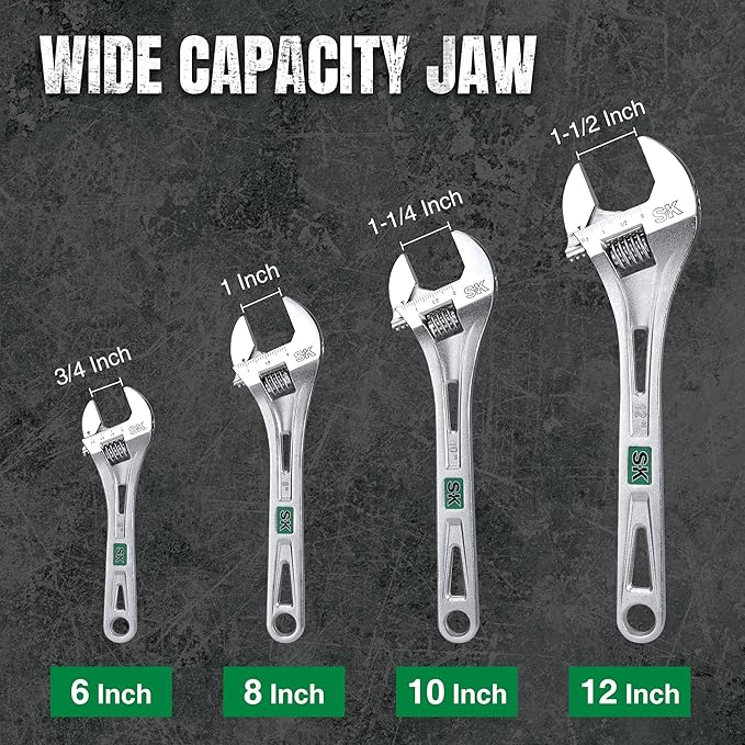 SK 12-Inch Adjustable Wrench, 1-1/2" Jaw Capacity, Cr-V Steel, SAE&Metric Scales