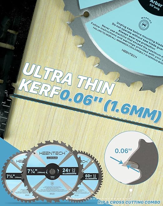 KEENTECH 7-1/4 Inch 24T + 40T + 60T Versatile Circular Saw Blade Set, Tungsten Carbide Tipped, ATAF Grind, 5/8 Inch Bore with Diamond Knockout
