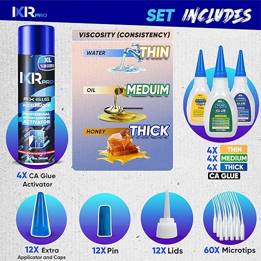 CA Glue with Activator Kit (12x1.75 oz. Thin-Medium-Thick + 4x16.9 fl.oz.) Cyanoacrylate Glue and Activator, Super Glue Accelerator, Super Glue for Wood, Woodworking, Plastic, Guitar, 3D Printing