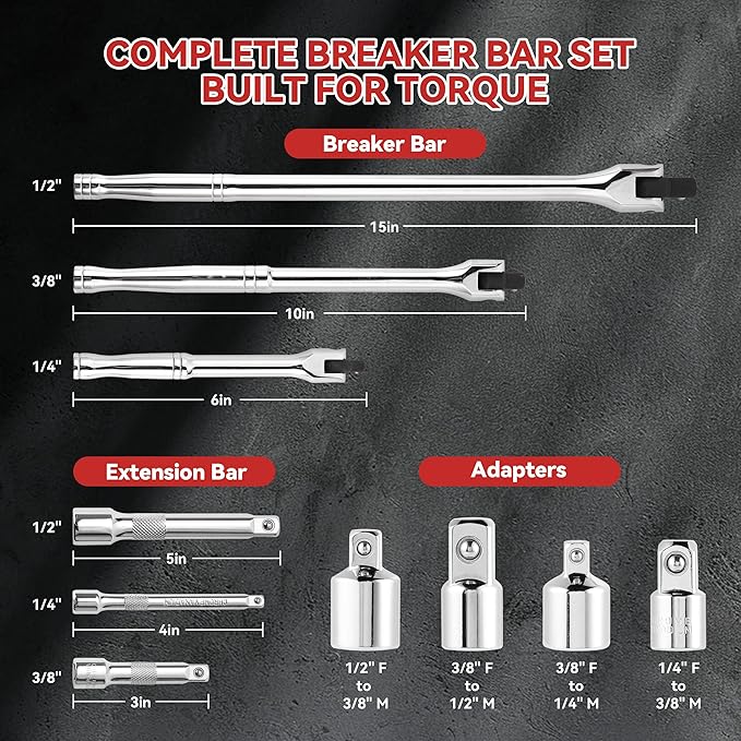 10 Piece Breaker Bar Set, 3/8" , 1/2" and 1/4" Drive, 180째 Rotatable Head, 6'', 10'', 15'' Length, 3 Extension Bars, Organizer Case