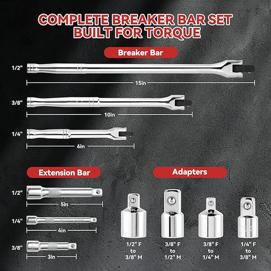 10 Piece Breaker Bar Set, 3/8" , 1/2" and 1/4" Drive, 180째 Rotatable Head, 6'', 10'', 15'' Length, 3 Extension Bars, Organizer Case