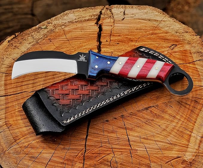 Handmade Steel Lineman’s Hawkbill knife with Leather sheath, Heavy Duty Utility Knife blade Electrician Wire Skinning knife for professional. (Red,White&Blue)