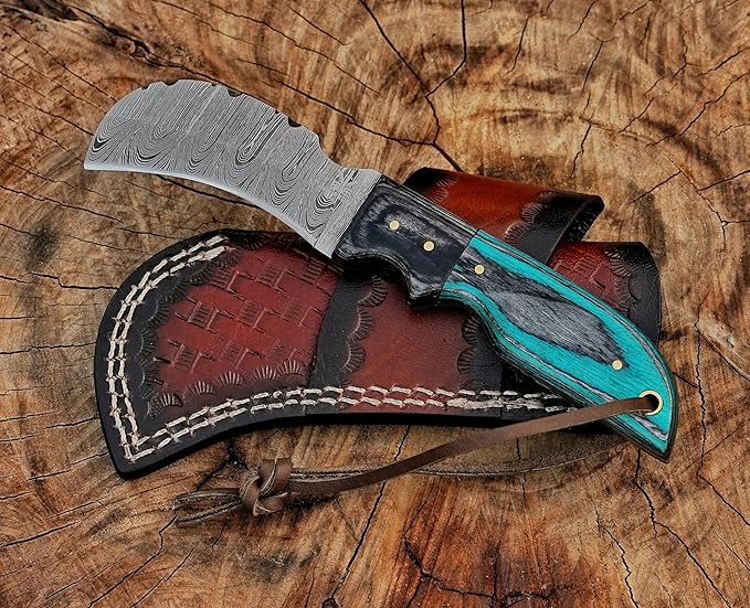 Damascuss Steel Lineman's Hawkbill Knife, Fixed Blade Full Tang, Turquoise Handle with Leather Sheath Electrician skinning knife for professional
