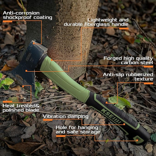 KSEIBI Hatchet with Sheath, Camping Axe for Splitting and Kindling Wood, Forged Steel Blade with Anti-Slip and Shock Reduction Handle Great Throwing Hatchets (Sausalito Green)