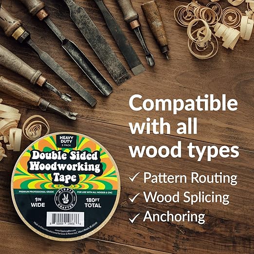 HIPPIE CRAFTER Double Sided Tape for Woodworking, 1 Inch Wide Heavy Duty Woodworking Tape for CNC Machines and Routing Templates, 3 Pack, 60 Feet Each,180ft Total