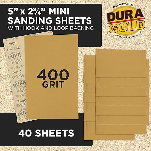 Dura-Gold Premium 5" x 2.75" Gold Sandpaper Sheets, 400 Grit (Box of 40) - Hook & Loop Backing, Wood Furniture Woodworking, Auto Paint - for Palm Sanders, Clip-On, Hand Sanding Blocks