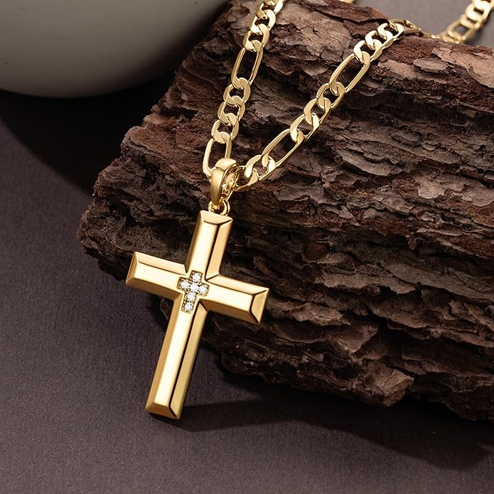 Cross Necklace for Men Gold Cross Necklace for Men 14K Gold Crosses Figaro Chain Pendant for Mens Crosses Necklaces Broad Subtle Sparkle with Cubic Zirconia Necklaces for Mens Chain 20/22/24 inches