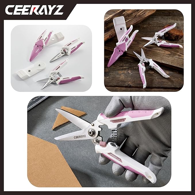 8" Scissors All Purpose, Heavy Duty, Multipurpose, for DIY Projects, Office, Production Lines, Pruning, with Protective Sheath and Magnetic Holder (White/Pink)