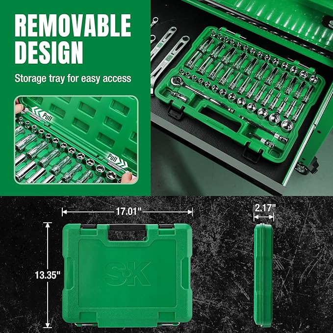 SK 3/8" Drive Socket Set with 160-P Ratchet, 55-Piece, SAE & Metric, SuperKrome Finish, Premium CR-V Construction, with Storage Suitcase