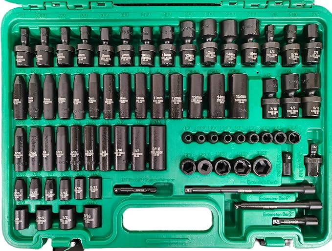 Steel Vision Tools 72-Piece 1/4" Drive SAE & Metric Impact Socket Set, CR-MO Steel, 6-Point Design, Deep & Shallow Sockets, Universal Joint, Extension Bars & Adapters, Black Phosphate Finish