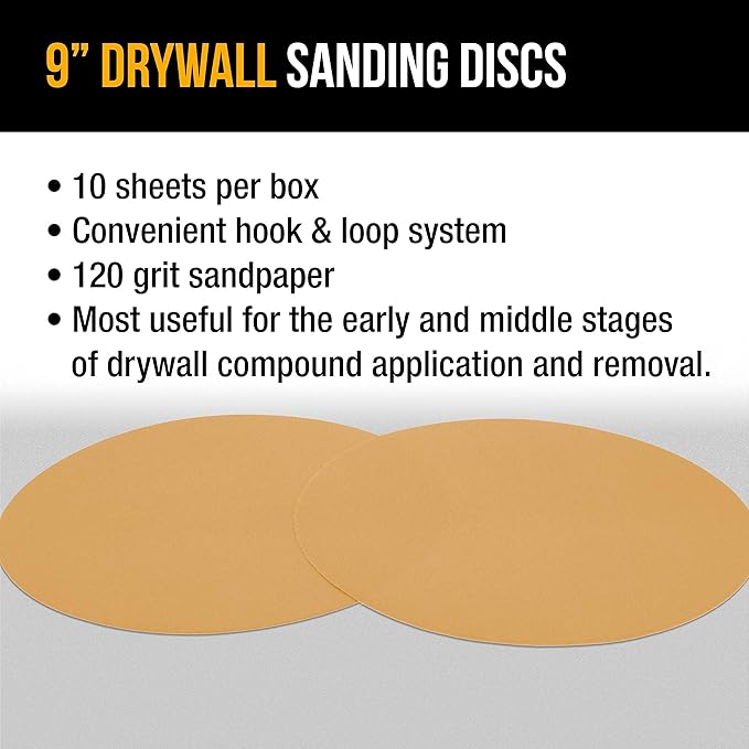 Dura-Gold Premium 9" Drywall Sanding Discs - 120 Grit (Box of 10) - High-Performance Sandpaper Discs with Hook & Loop Backing, Fast Cutting Aluminum Oxide Abrasive - For Drywall Power Sander, Wood