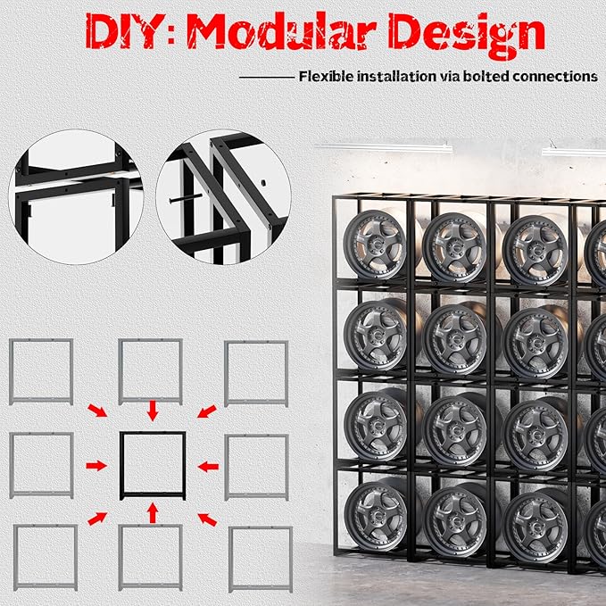 Tire Rack for Garage Holder, Tire Storage Rack Up to 220lbs for Heavy Duty Steel Wheel Adjustable Modular Organizer Storage Metal Rack