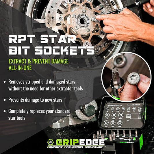 GRIPEDGE Tools | 9PC RPT Star Driver Set | Sizes T6 - T40 | 1/4'' Drive | Made With S2 Steel | Includes Premium Aluminum Socket Rail |