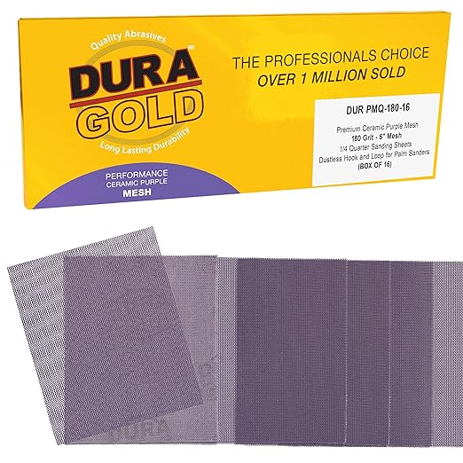 Dura-Gold Premium 180 Grit 1/4 Sheet Size Purple Ceramic Mesh Sandpaper, Box of 16-4.5" x 5.5" Dustless Hook & Loop Backing, Palm Sanders, Sanding Blocks - Long-Lasting Fast Cut - Woodworking, Auto