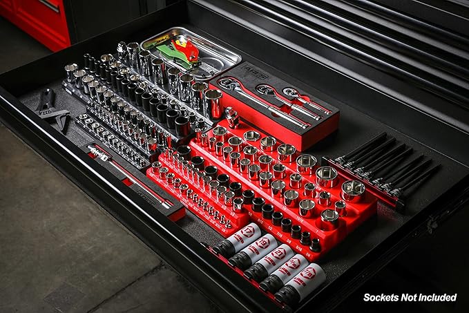 ARES 60057-6-Piece Magnetic Socket Organizers - Metric and SAE Set Black and Red -1/4 in, 3/8 in, 1/2 in Socket Holders -143 Pieces of Standard (Shallow) and Deep Sockets -Organize Your Tool Box