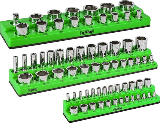 ARES 60037-3-Piece SAE Magnetic Socket Organizers Set - GREEN - Includes 1/4 in, 3/8 in, 1/2 in Socket Holders - Holds 68 Standard (Shallow) and Deep Sockets - Also Available in RED