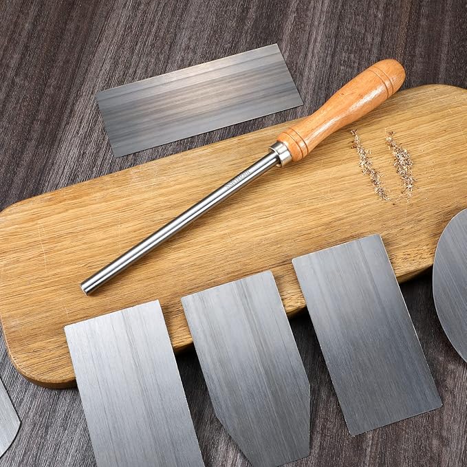 Therwen Card Scraper Burnisher and 6 Pcs Cabinet Scraper Set for Woodworking Card Woodworking Burnishing Tool Include 3 Rectangle 1 Gooseneck and Curved 1 Beveled Hand(Silver)