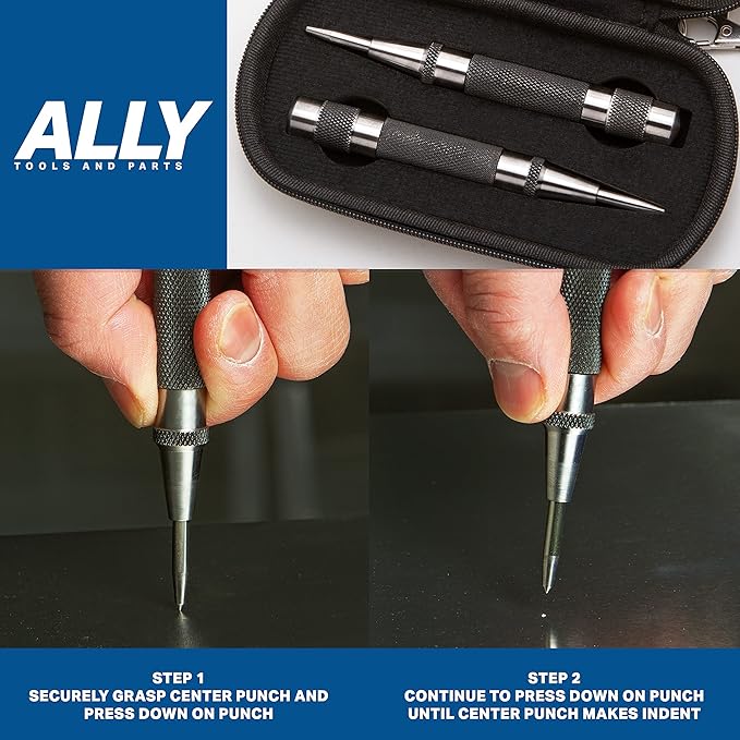 ALLY Tools Heavy Duty Automatic Center Punch w/Hardened Steel ??2PC Premium Automatic Center Punch for Metal for Machinists and Carpenters w/Adjustable Knurled Cap, Spring Loaded and Hard-Shell Case