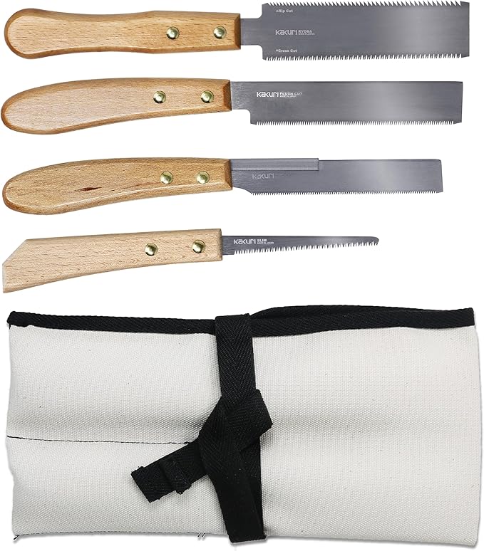KAKURI Mini Japanese Pull Saw Set with Carrying Case - Ryoba Double Edge 5", Flush Cut 5", Dozuki Dovetail Fine Cut 5", Keyhole 3" - Made in Japan