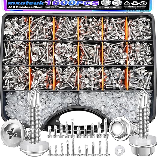 mxuteuk 1170PCS #8#10 Self Tapping Screws,410 Stainless Steel Self Drilling Screws for Metal,Truss Head & Hex Head 1/2" to1-1/4'' Self Tapping Screw for Plastic with 370PCS Washer