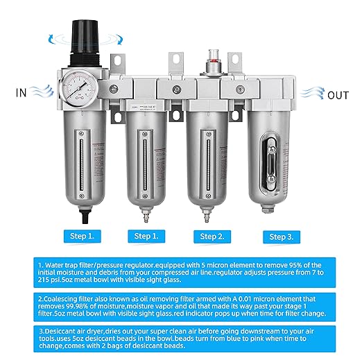 NANPU 1/2" NPT Industrial Grade 4 Stage Air Drying System - Double Particulate Filters, Coalescing Filter, Desiccant Dryer & Air Regulator, Metal Bowl, Auto Drain, for Paint Spray竊?Plasma Cutter