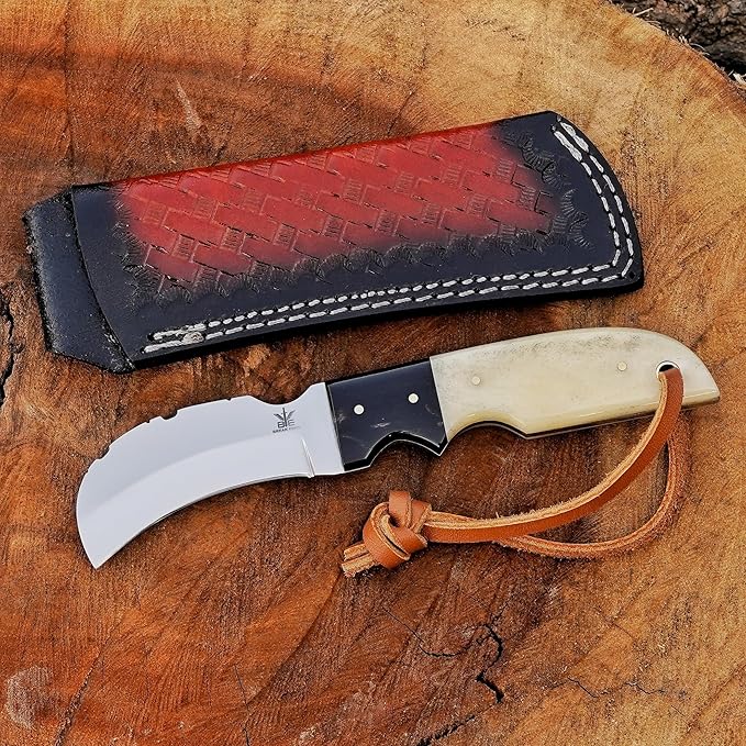 Handmade Stainless Steel Lineman’s Hawkbill knife with Leather sheath, Heavy Duty Utility Knife blade Electrician Wire Skinning knife for professional. (Camel & Black)