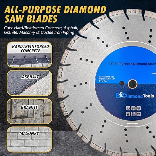 16" All Purpose Diamond Saw Blades for Hard/Reinforced Concrete, Asphalt, Granite, Terrazzo, Ductile Iron Piping, 5-5/8" Cutting Depth, 1" Arbor