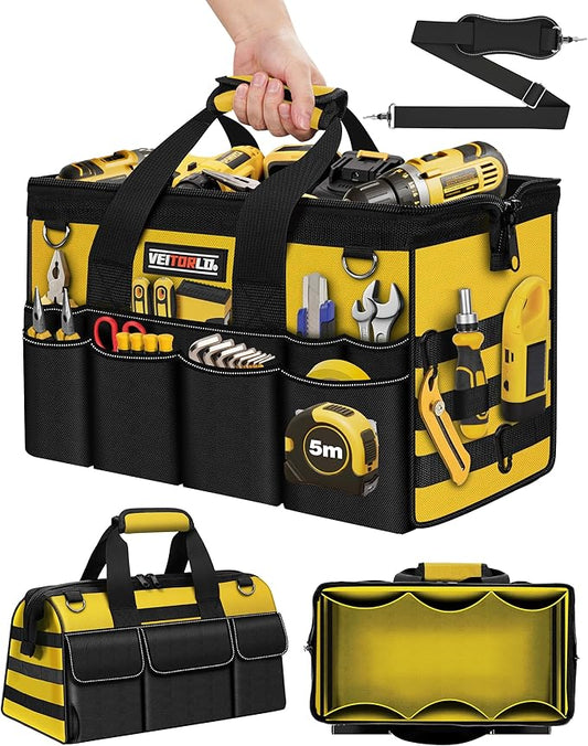 16-Inch Heavy Duty Tool Bag, 19-Pockets Tool Box Organizer, Portable Toolbag W/Soft Handle, Organized Storage, Mechanic Gifts for Him Men Husband Valentines Day, Wide Mouth Electrician Toolbox, Yellow