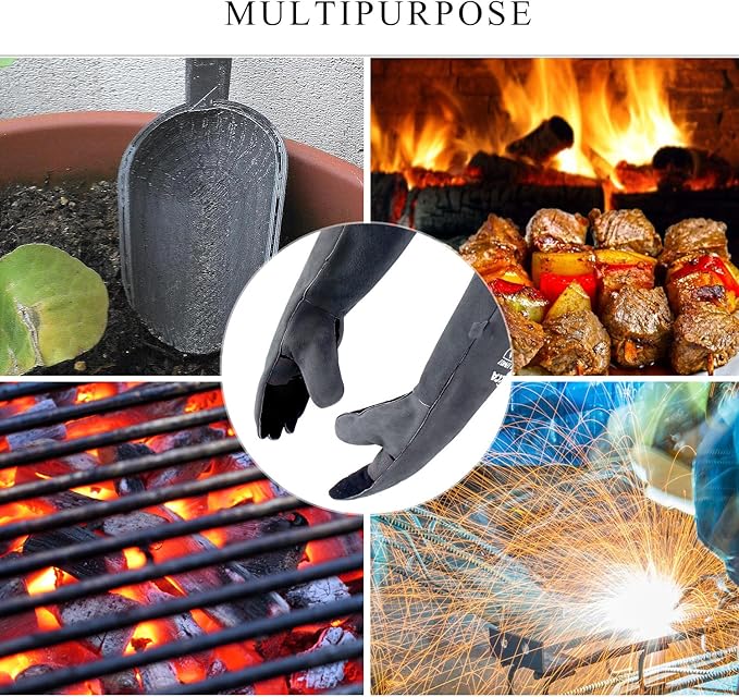 RAPICCA Fireplace Gloves Fire Heat Resistant: Grey 16IN 662?? Fireproof Leather for Fireplace Fire pit Wood stove Campfire Furnace BBQ Grill Oven Stick Mig Welding Welder Gear - Birthday Gift for men