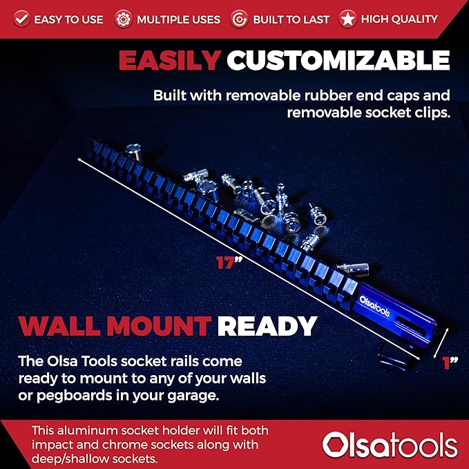 Olsa Tools Socket Organizer - 1/4-Inch Drive Socket Holder Rail - Blue Aluminum Track Stores 24 Chrome or Impact Sockets - Professional Grade Metric or SAE Socket Organizer - Part: 1013