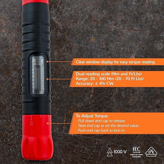 Dynamic 3/8" Drive Insulated Torque Wrench, 20-70 ft. lbs./20-100 Nm Range, Electrical Protection Up To 1,000V, Click Torque Wrench