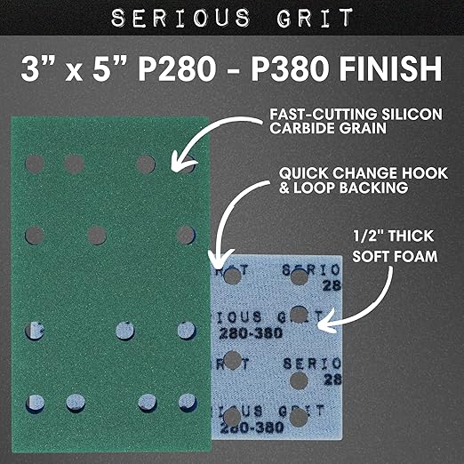 Serious Grit - 3" x 5" (80x133mm) Foam Sanding Pads - P280-380 Very Fine Finish Grit - 1/2" Thick Low Density Foam - Hook & Loop - Fits Festool RTS 400 & Mirka DEOS 3x5 Sanders ??Made in USA ??10 Pack