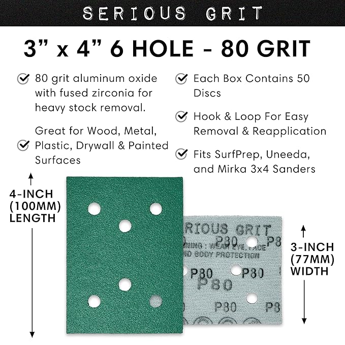 Serious Grit - 3" x 4" 6-Hole 80 Grit Sanding Sheets - Fits Surfprep, Uneeda Ekasand, Mirka DEOS 343 - Heavy-Duty Hook & Loop Film Abrasive Pads - Sandpaper for 3x4 Sheet Sanders - 50 Pack Box