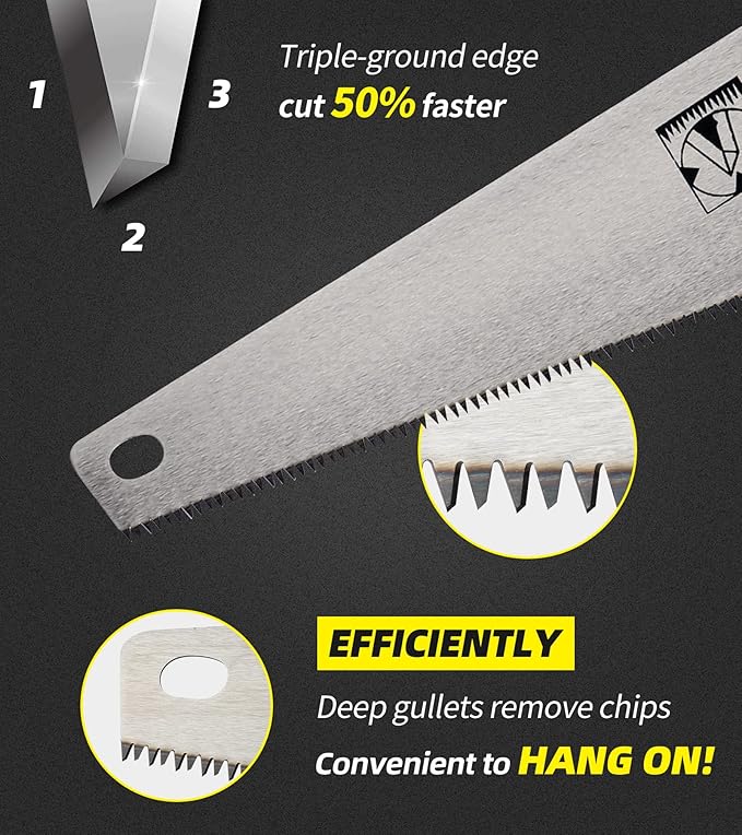 DOWELL 18-Inch Hand Saw with Comfortable Handle, 8 TPI and Made of 65 Manganese Steel - Ideal for Woodworking, Pruning, and Cutting - Includes Protective Cover