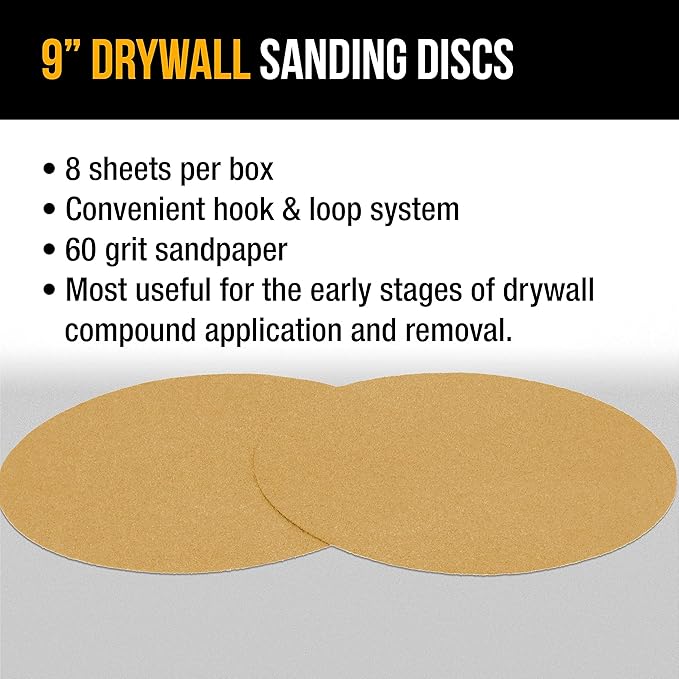 Dura-Gold Premium 9" Drywall Sanding Discs - 60 Grit (Box of 8) - High-Performance Sandpaper Discs with Hook & Loop Backing, Fast Cutting Aluminum Oxide Abrasive - for Drywall Power Sander, Wood