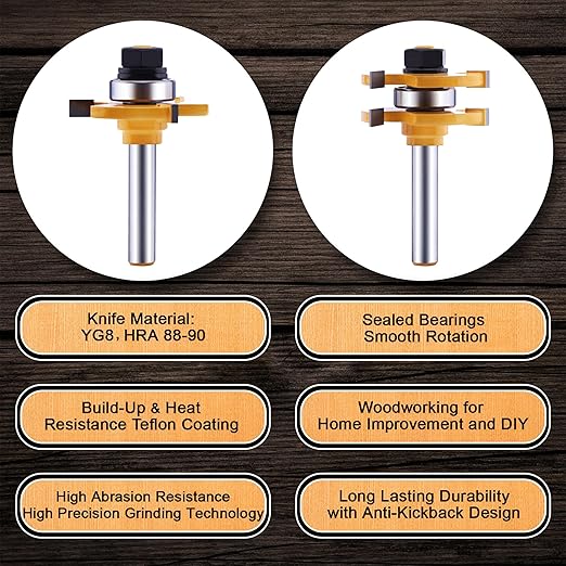 Tongue and Groove Router Bit Set (2 PCS) with 1/4 Inch Shank T Shape, Wood Milling Saw Cutter by LU&MN (Woodworking Tools for Home Improvement and DIY)