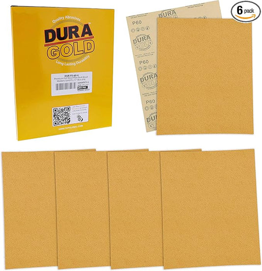 Dura-Gold Premium 9" x 11" Gold Sandpaper Sheets, 60 Grit (Box of 6) - Wood Furniture Woodworking, Automotive Paint - Full-Size Cut to Use on 1/4, 1/3, 1/2 Sheet Finishing Sanders, Hand Sanding Block