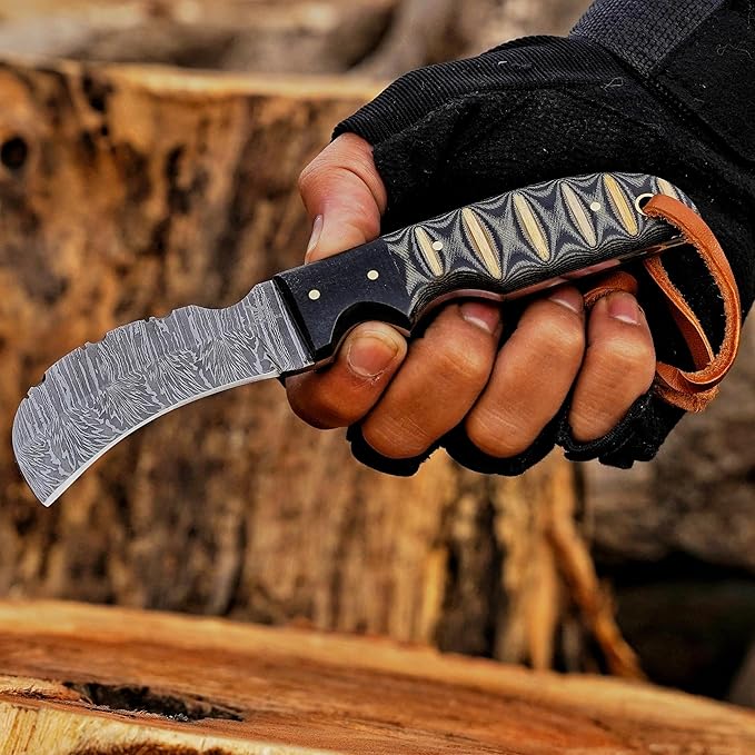 Handmade 1095 Steel Lineman’s Hawkbill knife with Leather sheath, Heavy Duty Utility Knife blade Electrician Wire Skinning knife for professional.