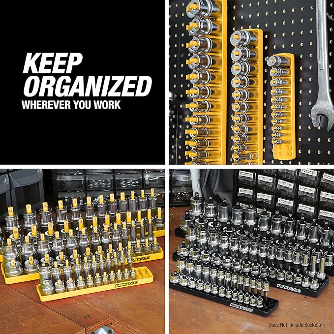 OEMTOOLS 22238 6 Piece SAE and Metric Socket Tray Set, SAE and Metric Socket Storage for Sizes 1/4", 3/8?? and 1/2" Drive, Socket Holders and Socket Organizer Tray for Toolbox, Black and Yellow