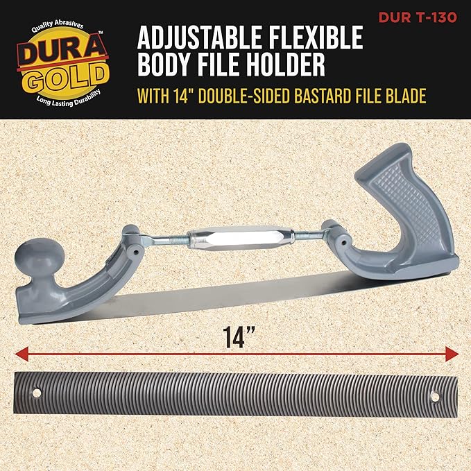 Dura-Gold Adjustable Flexible Body File Holder with 14" Double-Sided Bastard File Blade, 9 Teeth Per Inch - Adjusts to Curved Convex or Concave for Shaping, Smoothing, and Filing Contoured Surfaces
